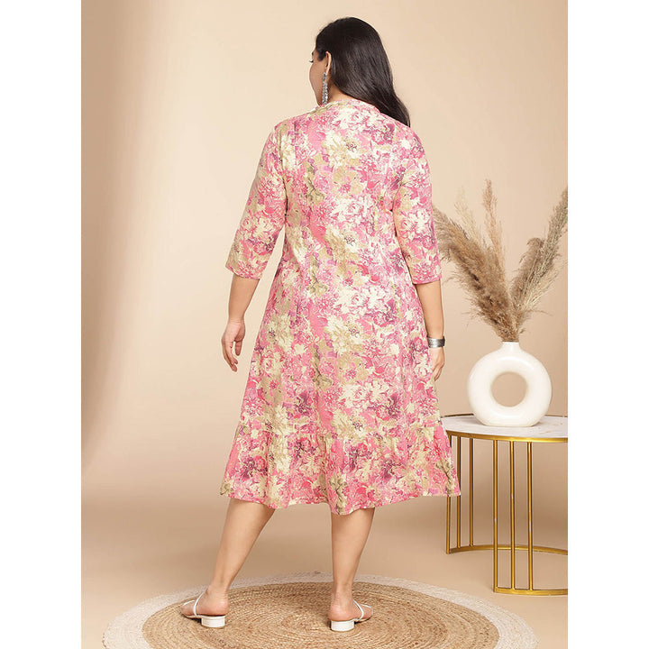 Janasya Women Plus Size Pink Cotton Floral Dress