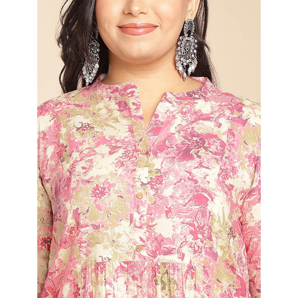 Janasya Women Plus Size Pink Cotton Floral Dress