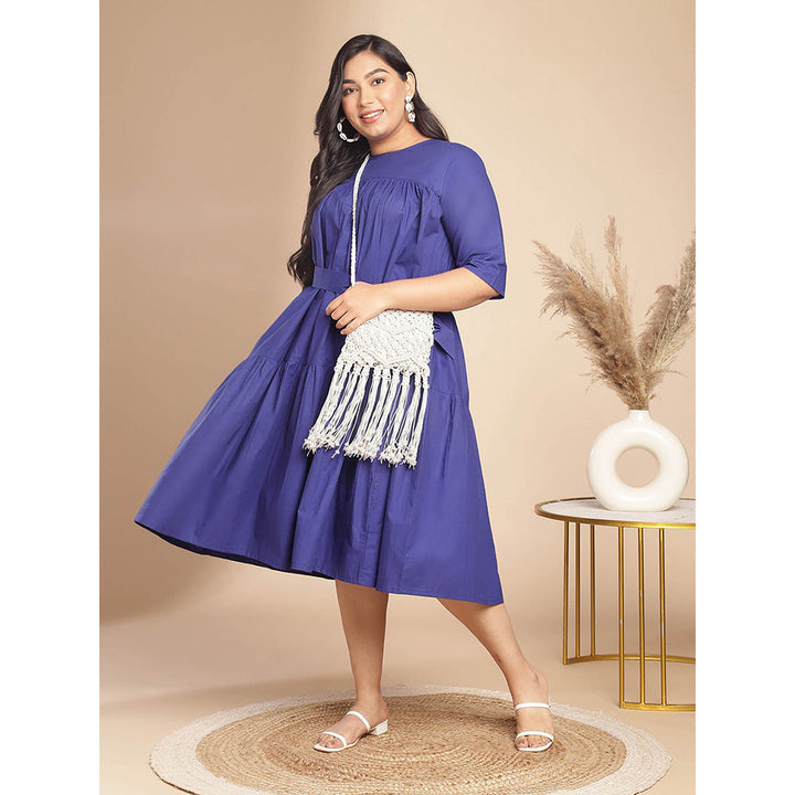 Janasya Women Plus Size Blue Poplin Solid Flared Dress