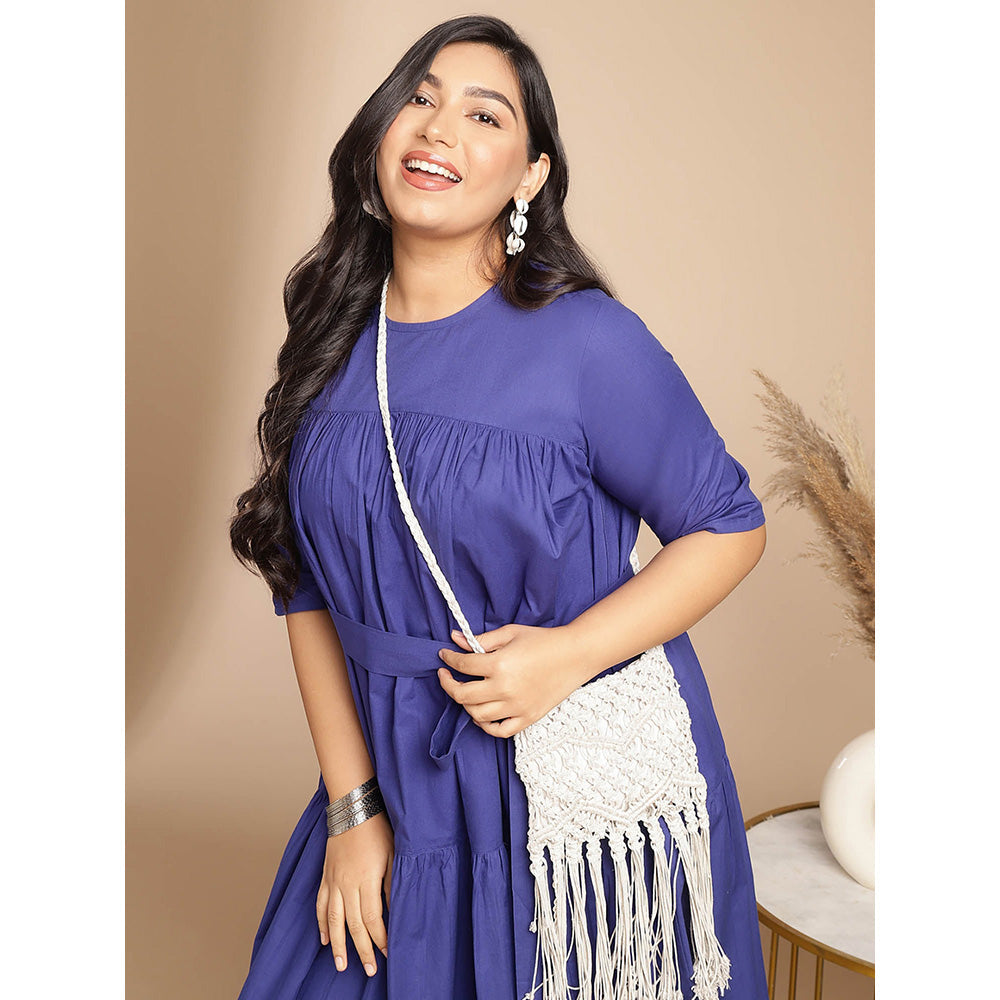 Janasya Women Plus Size Blue Poplin Solid Flared Dress