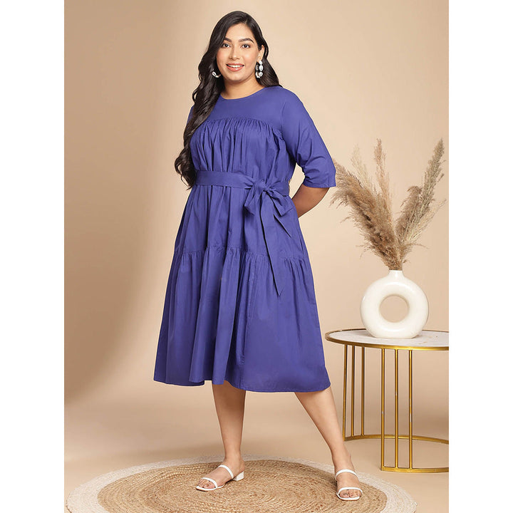 Janasya Women Plus Size Blue Poplin Solid Flared Dress