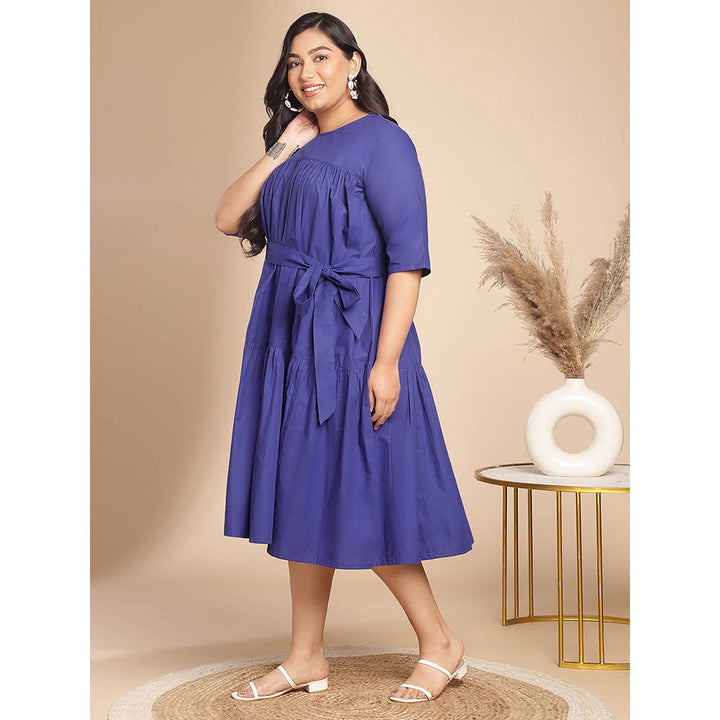 Janasya Women Plus Size Blue Poplin Solid Flared Dress