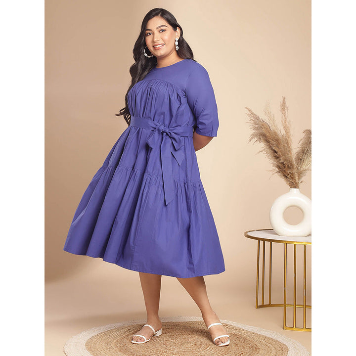 Janasya Women Plus Size Blue Poplin Solid Flared Dress