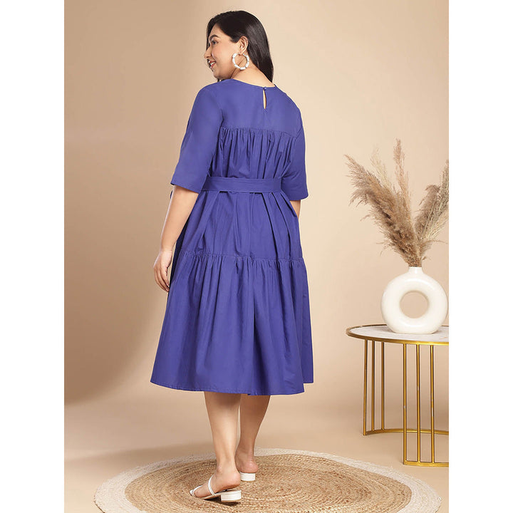 Janasya Women Plus Size Blue Poplin Solid Flared Dress