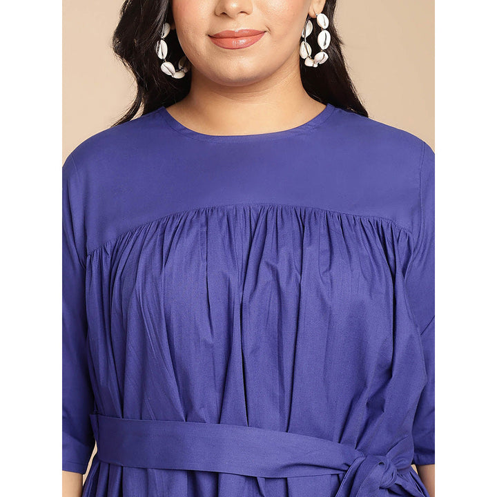 Janasya Women Plus Size Blue Poplin Solid Flared Dress