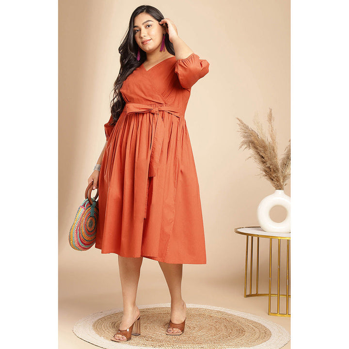 Janasya Women Plus Size Rust Poplin Solid Wrap Dress