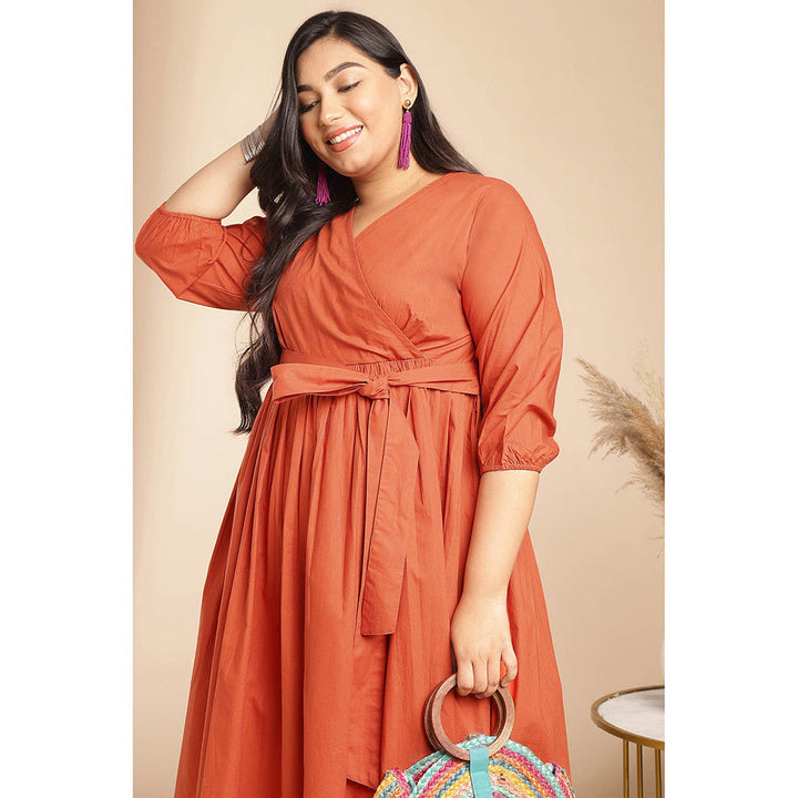 Janasya Women Plus Size Rust Poplin Solid Wrap Dress