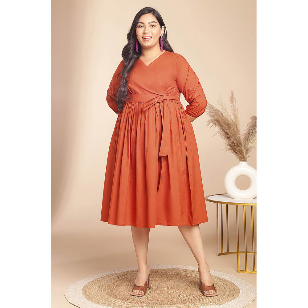 Janasya Women Plus Size Rust Poplin Solid Wrap Dress