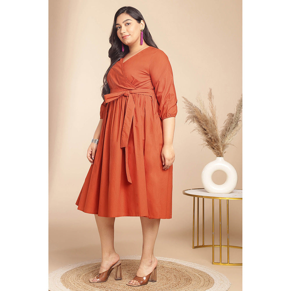 Janasya Women Plus Size Rust Poplin Solid Wrap Dress