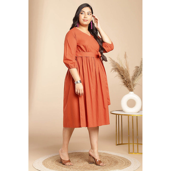 Janasya Women Plus Size Rust Poplin Solid Wrap Dress