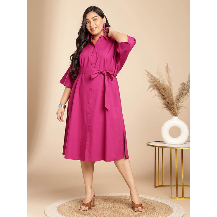 Janasya Women Plus Size Pink Poplin Solid Shirt Style Dress