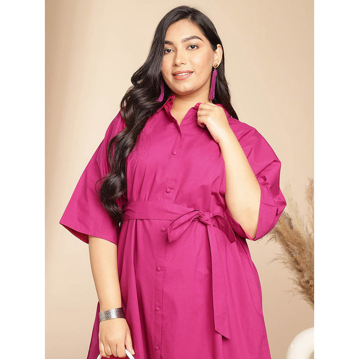 Janasya Women Plus Size Pink Poplin Solid Shirt Style Dress