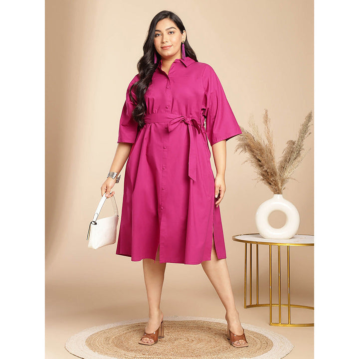 Janasya Women Plus Size Pink Poplin Solid Shirt Style Dress