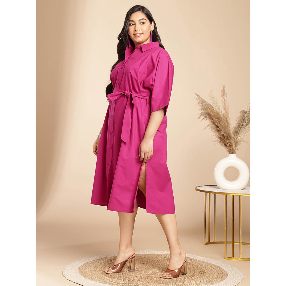 Janasya Women Plus Size Pink Poplin Solid Shirt Style Dress