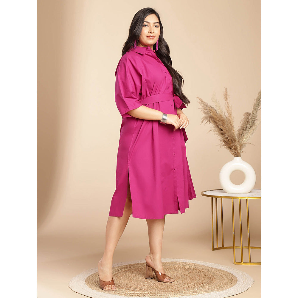 Janasya Women Plus Size Pink Poplin Solid Shirt Style Dress