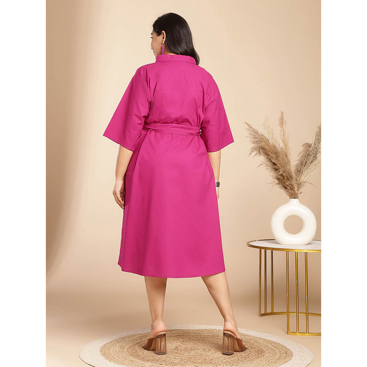 Janasya Women Plus Size Pink Poplin Solid Shirt Style Dress