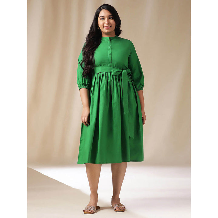 Janasya Women Plus Size Green Poplin Solid Dress with Belt (Set of 2)