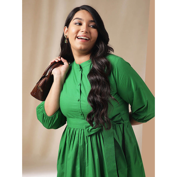 Janasya Women Plus Size Green Poplin Solid Dress with Belt (Set of 2)