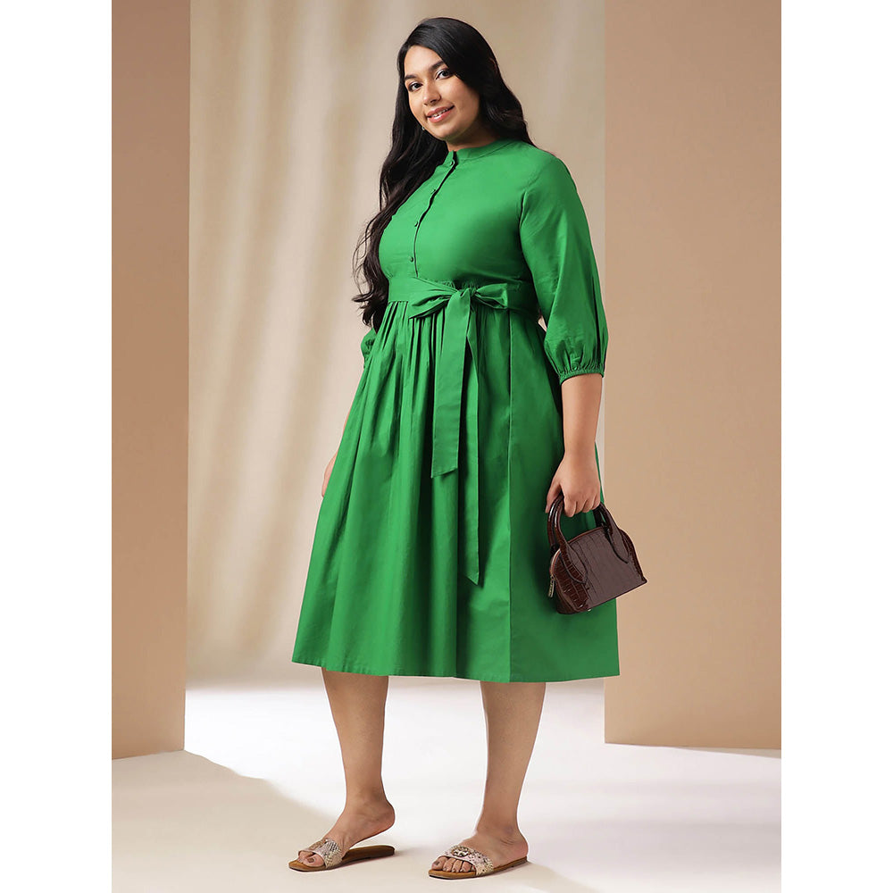 Janasya Women Plus Size Green Poplin Solid Dress with Belt (Set of 2)