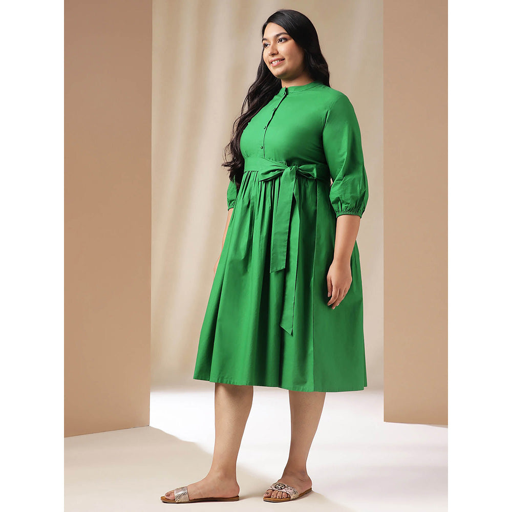 Janasya Women Plus Size Green Poplin Solid Dress with Belt (Set of 2)