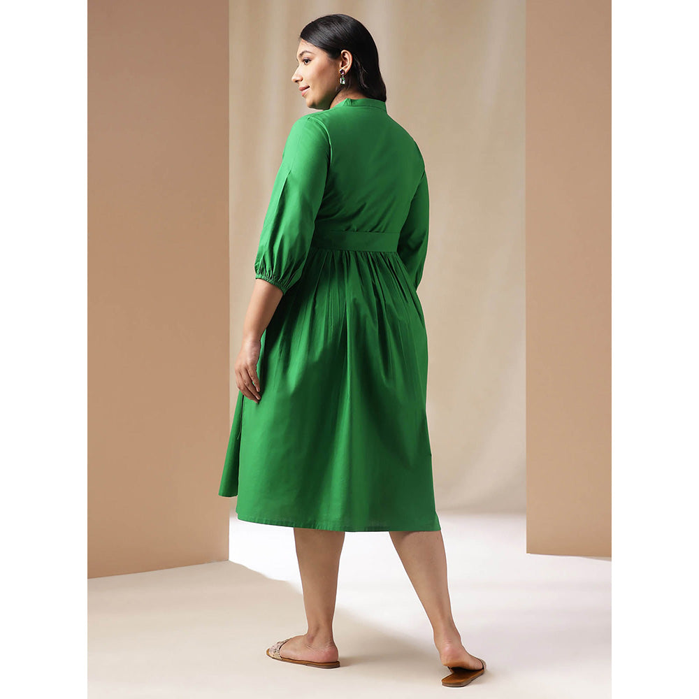 Janasya Women Plus Size Green Poplin Solid Dress with Belt (Set of 2)