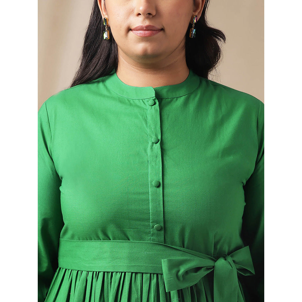 Janasya Women Plus Size Green Poplin Solid Dress with Belt (Set of 2)