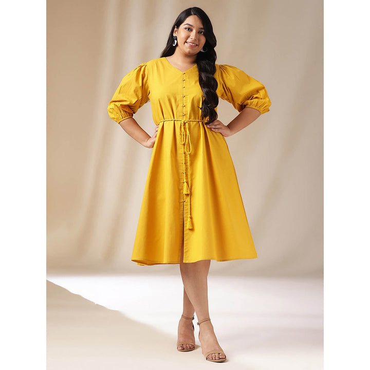 Janasya Women Plus Size Yellow Poplin Solid Dress with Belt (Set of 2)