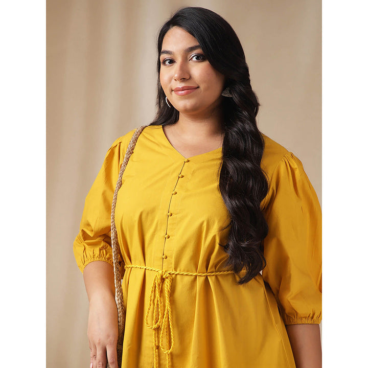 Janasya Women Plus Size Yellow Poplin Solid Dress with Belt (Set of 2)