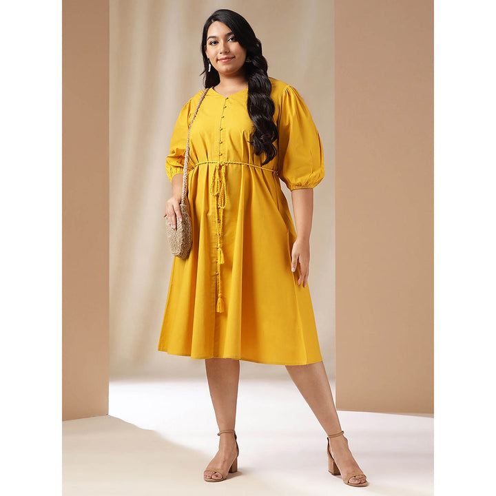 Janasya Women Plus Size Yellow Poplin Solid Dress with Belt (Set of 2)