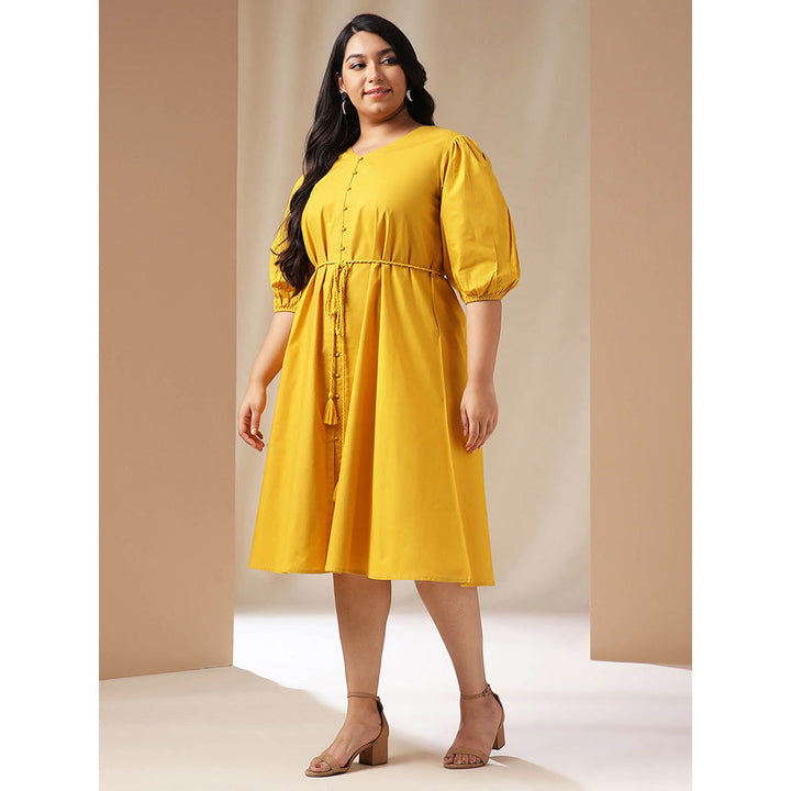 Janasya Women Plus Size Yellow Poplin Solid Dress with Belt (Set of 2)