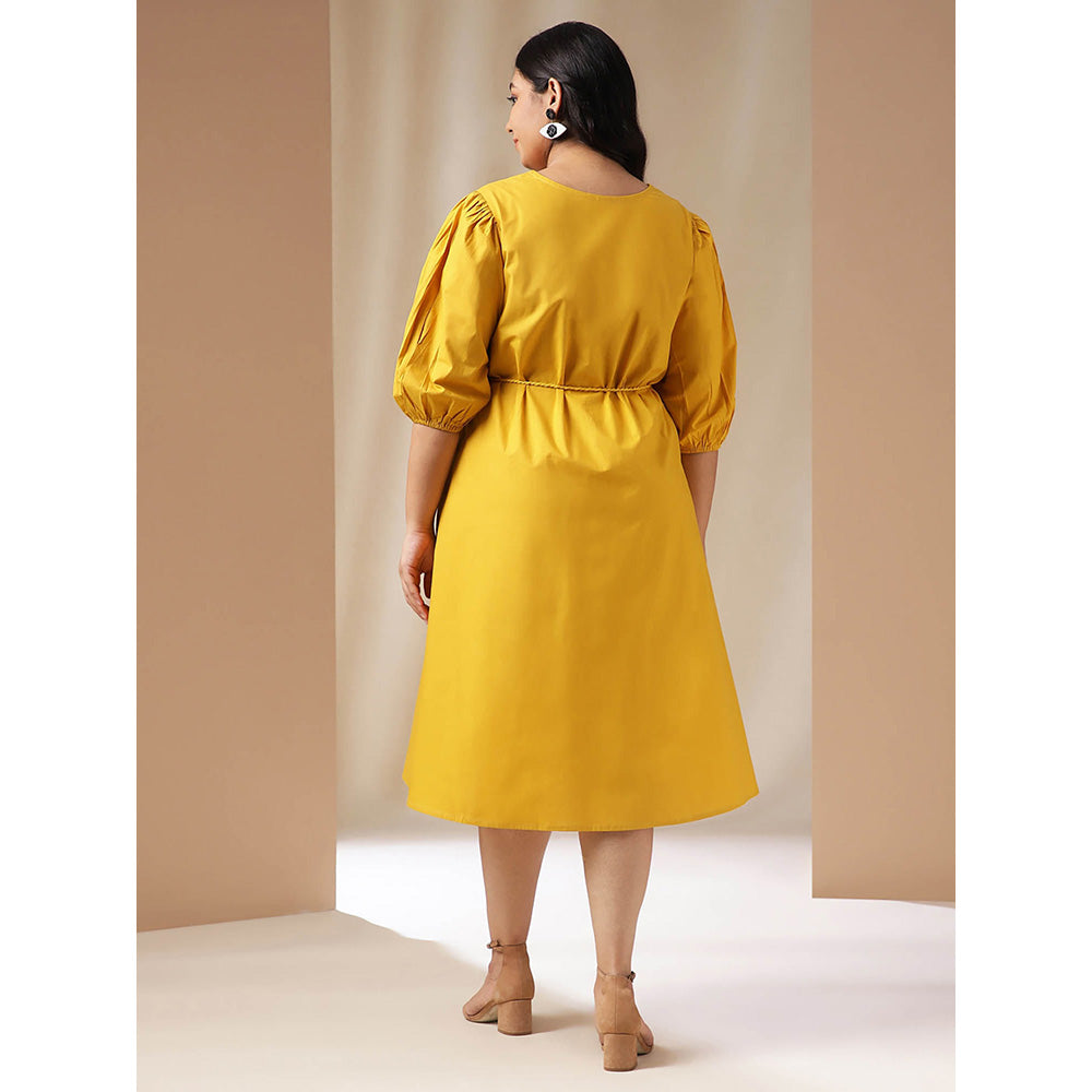 Janasya Women Plus Size Yellow Poplin Solid Dress with Belt (Set of 2)