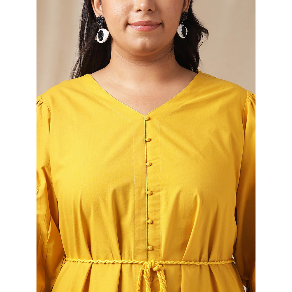 Janasya Women Plus Size Yellow Poplin Solid Dress with Belt (Set of 2)