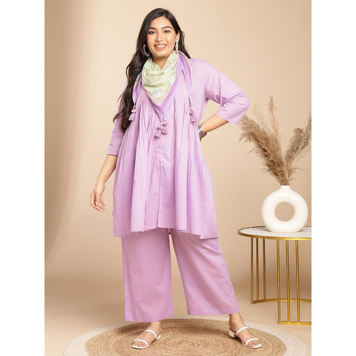 Janasya Womens Plus Size Lavender Dobby Cotton Kurta and Pant with Flared Scarf (Set of 3)