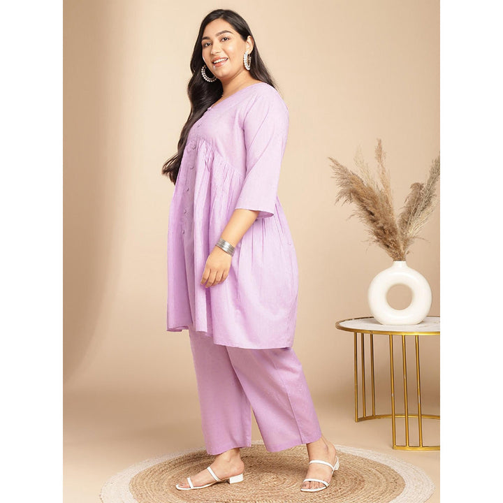 Janasya Womens Plus Size Lavender Dobby Cotton Kurta and Pant with Flared Scarf (Set of 3)