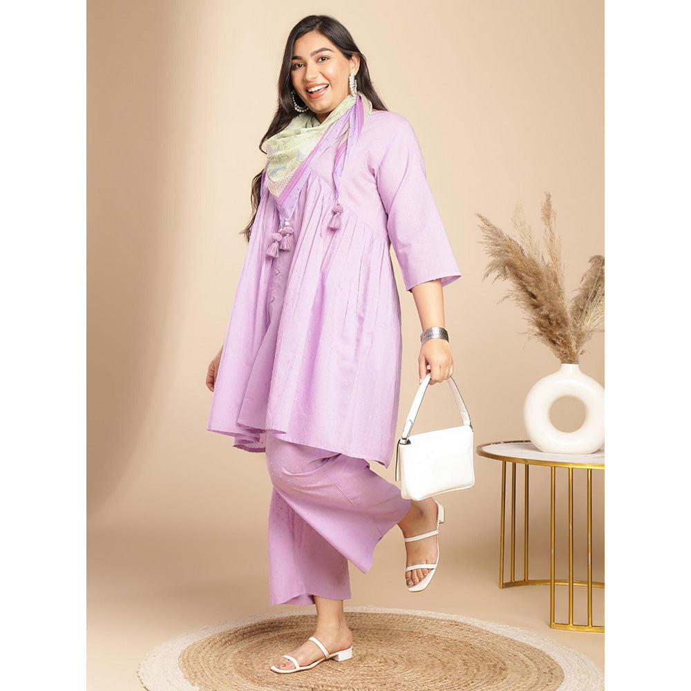 Janasya Womens Plus Size Lavender Dobby Cotton Kurta and Pant with Flared Scarf (Set of 3)