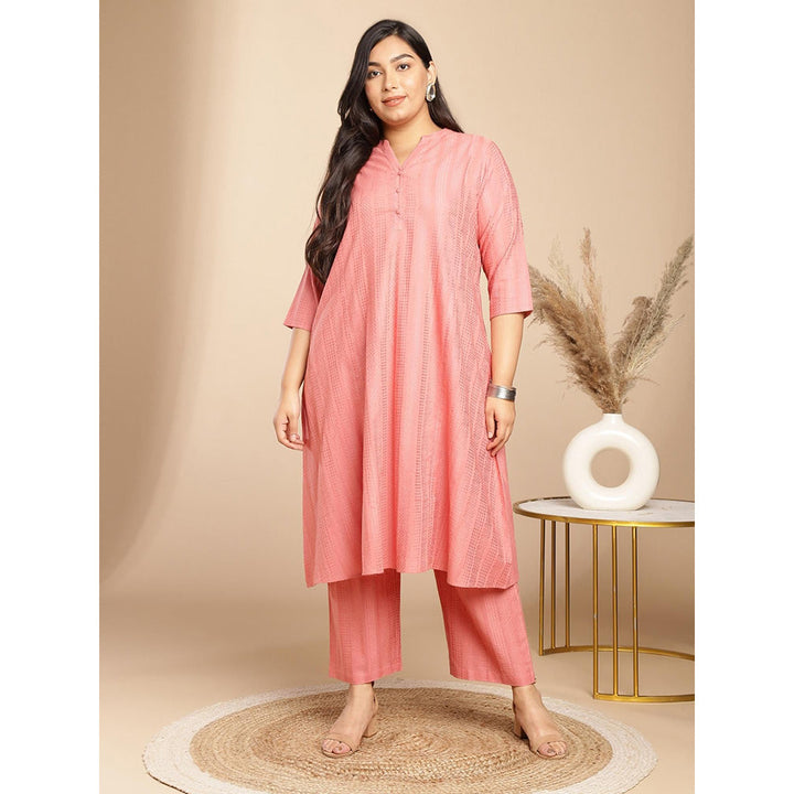 Janasya Womens Plus Size Peach Cotton Jacquard Self Design A-Line Co-Ord (Set of 2)