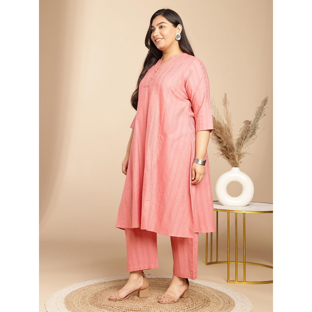 Janasya Womens Plus Size Peach Cotton Jacquard Self Design A-Line Co-Ord (Set of 2)