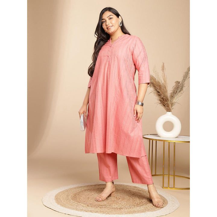 Janasya Womens Plus Size Peach Cotton Jacquard Self Design A-Line Co-Ord (Set of 2)