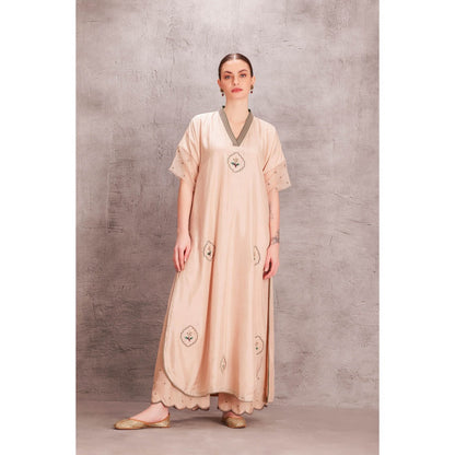 Janki India Womens Embellished Beige Kurta with Palazzo with Intricate Thread Work (Set of 2)