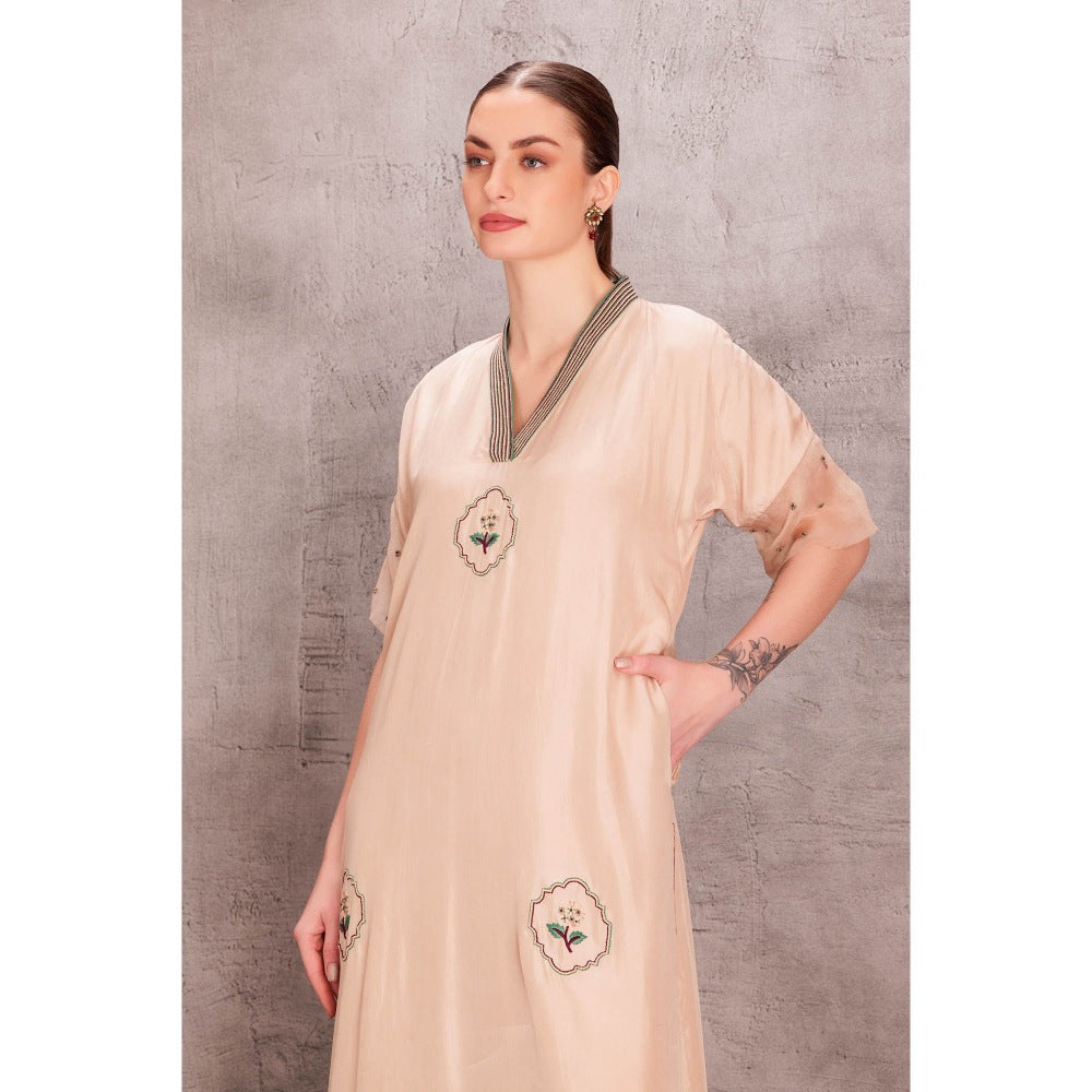Janki India Womens Embellished Beige Kurta with Palazzo with Intricate Thread Work (Set of 2)