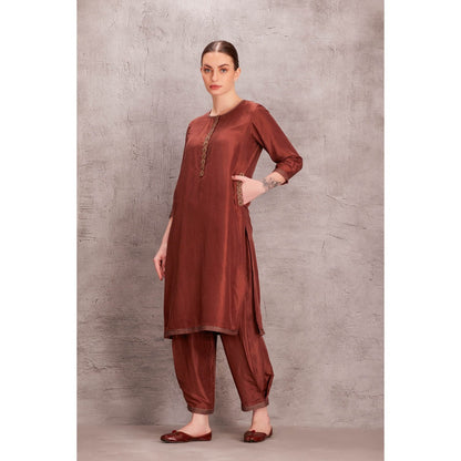 Janki India Womens Embroidered Dupion Silk Kurta Brown Salwar (Set of 2)