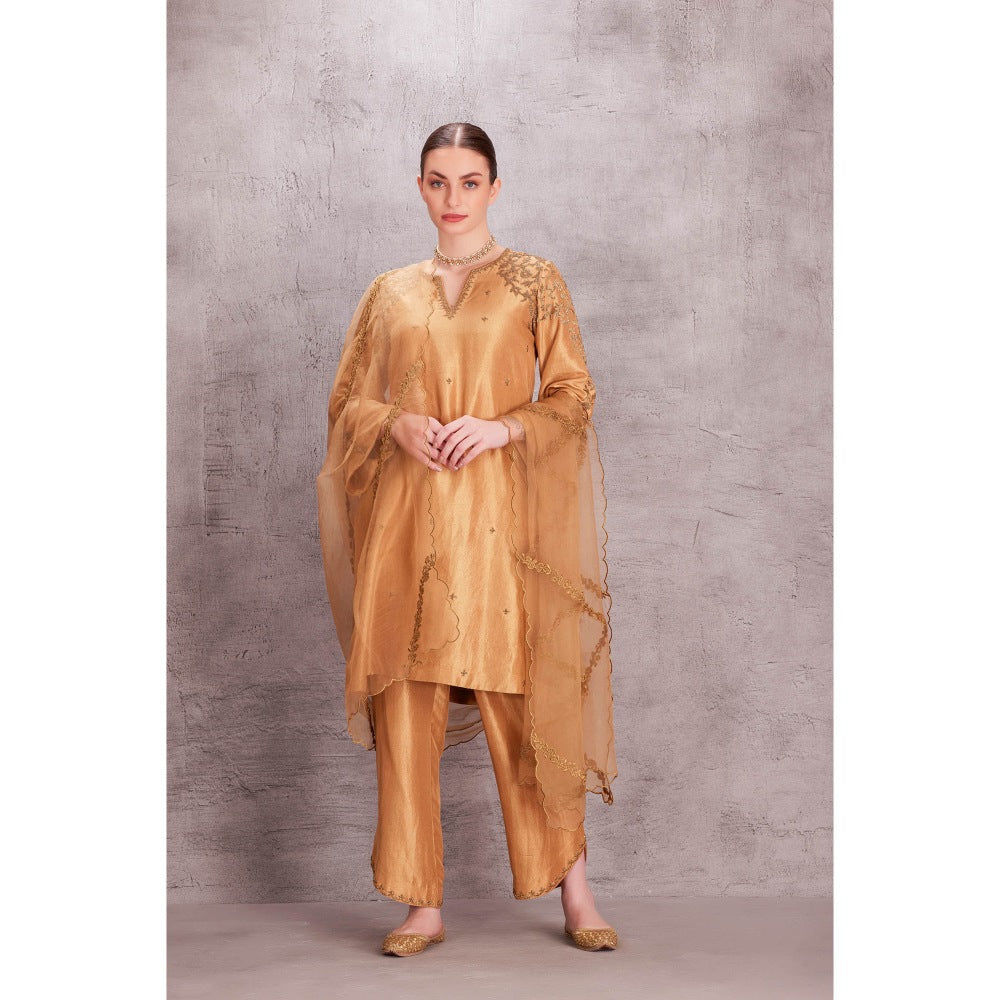Janki India Gold Silk Kurta with Pant with Hand Work Scallop Dupatta (Set of 3)