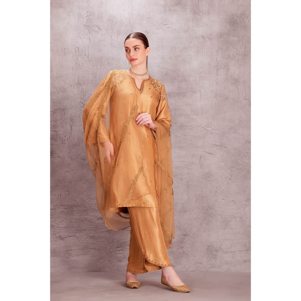 Janki India Gold Silk Kurta with Pant with Hand Work Scallop Dupatta (Set of 3)
