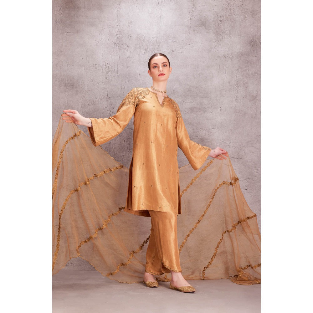 Janki India Gold Silk Kurta with Pant with Hand Work Scallop Dupatta (Set of 3)