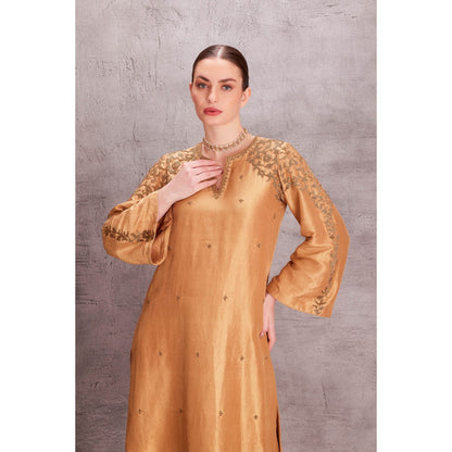 Janki India Gold Silk Kurta with Pant with Hand Work Scallop Dupatta (Set of 3)