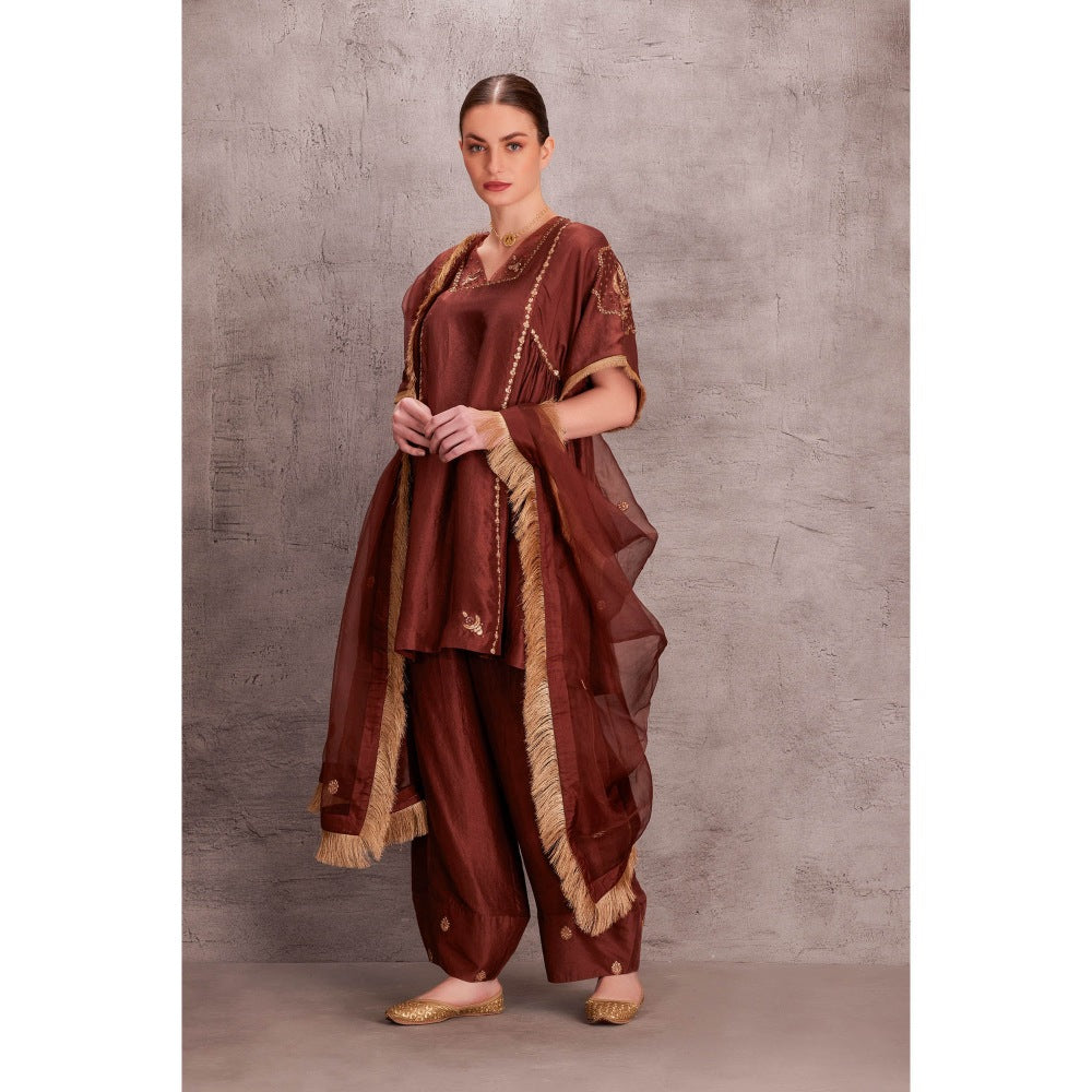 Janki India Brown Silk Kurta & Salwar with Mukesh Chandwali Work Dupatta (Set of 3)