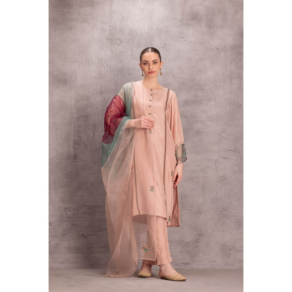 Janki India Peach Silk Kurta with Pant with Purple Dupatta (Set of 3)