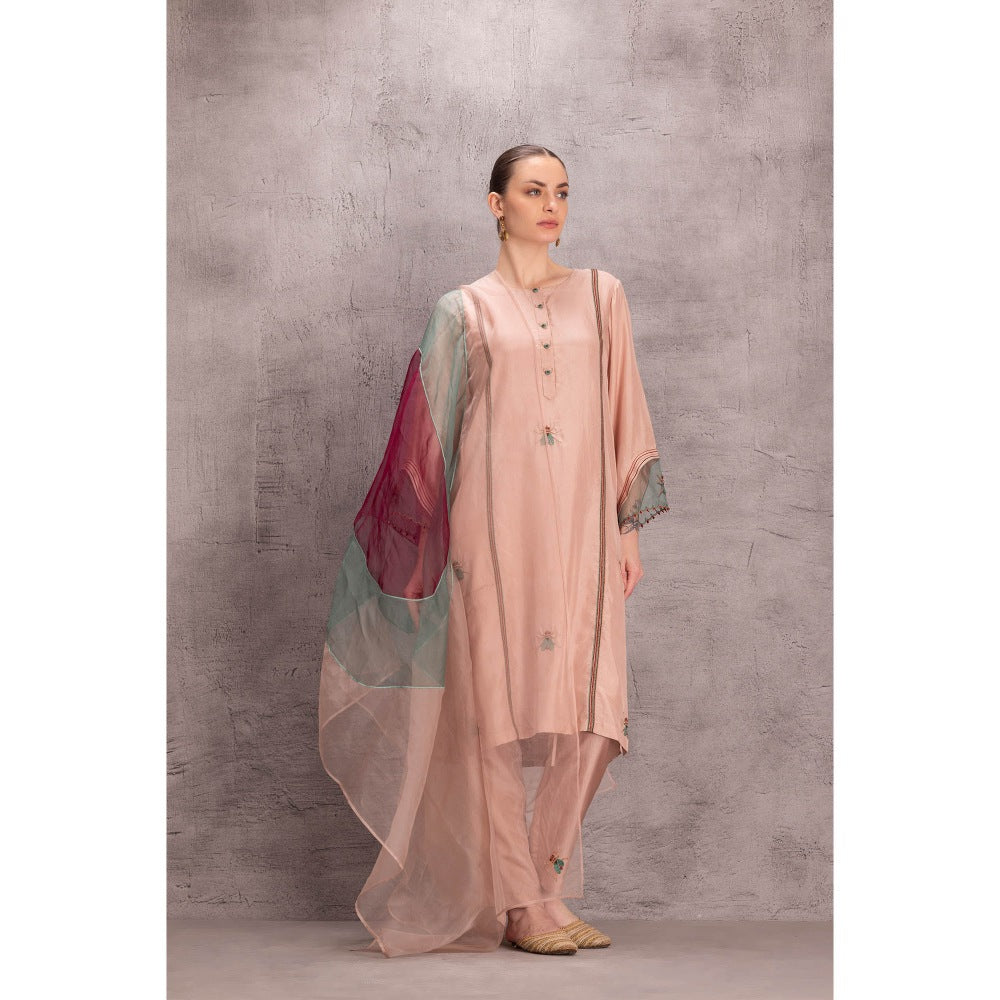 Janki India Peach Silk Kurta with Pant with Purple Dupatta (Set of 3)