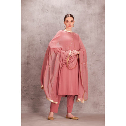 Janki India Pink Georgette Kurta with Pant & Hand Work Dupatta (Set of 3)
