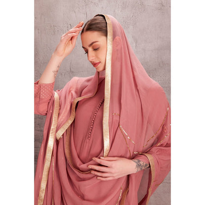 Janki India Pink Georgette Kurta with Pant & Hand Work Dupatta (Set of 3)